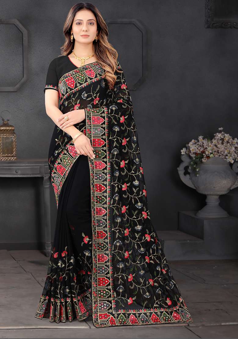 Black Embroidery Georgette Saree Set - Indya
