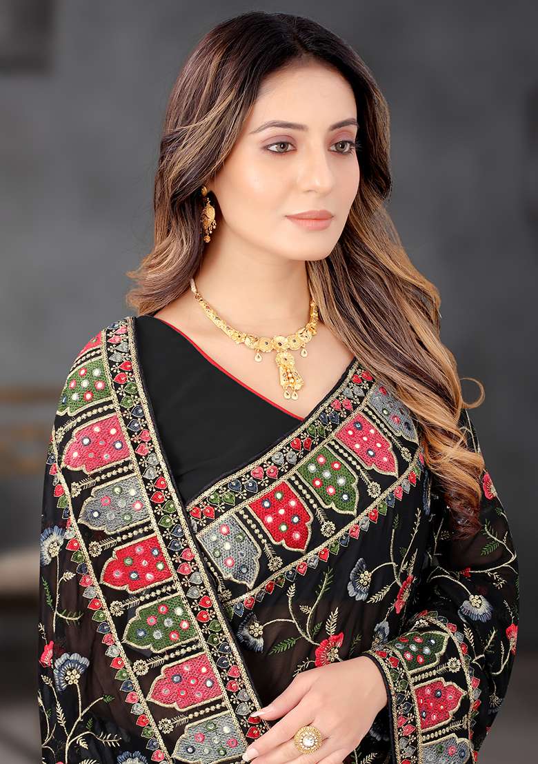 Black Embroidery Georgette Saree Set - Indya