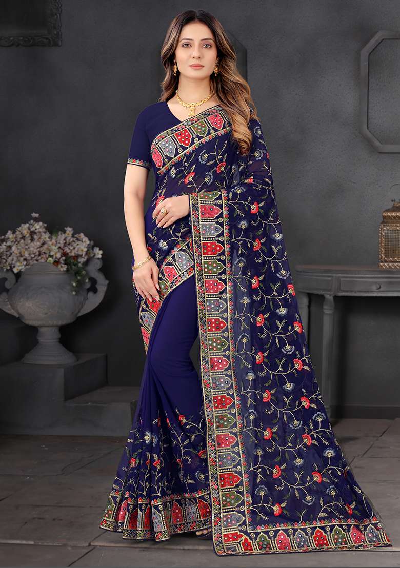 Navy Blue Embroidery Georgette Saree Set - Indya