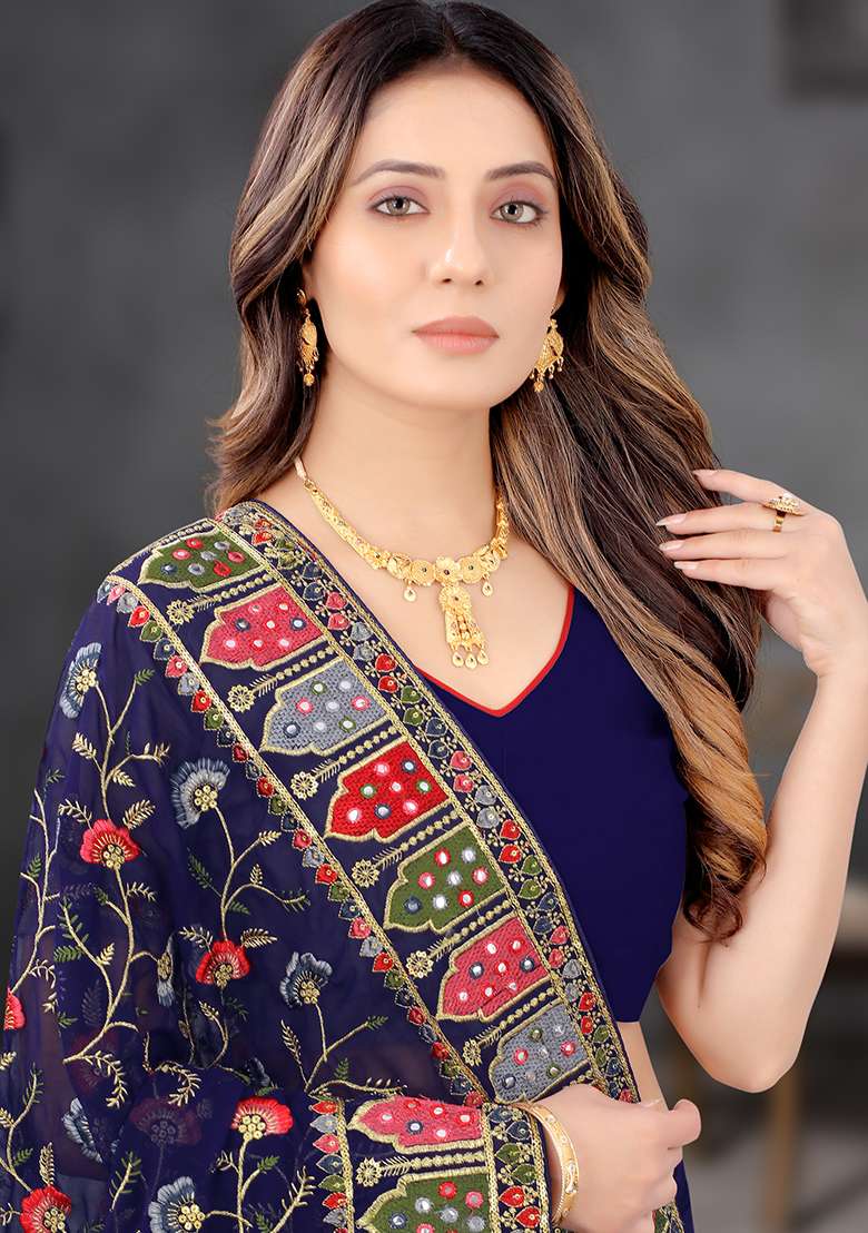 Navy Blue Embroidery Georgette Saree Set - Indya