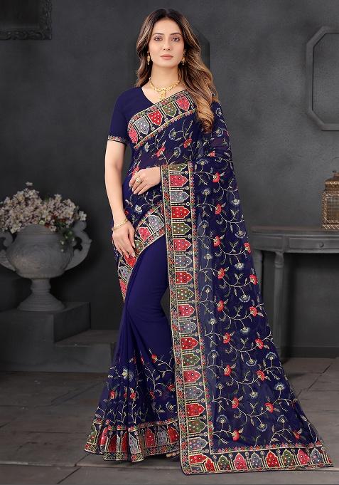 Navy Blue Embroidery Georgette Saree Set