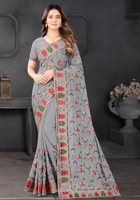 Gajari Embroidery Georgette Saree Set