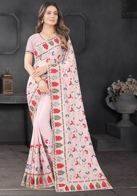 Lavender Embroidery Georgette Saree Set