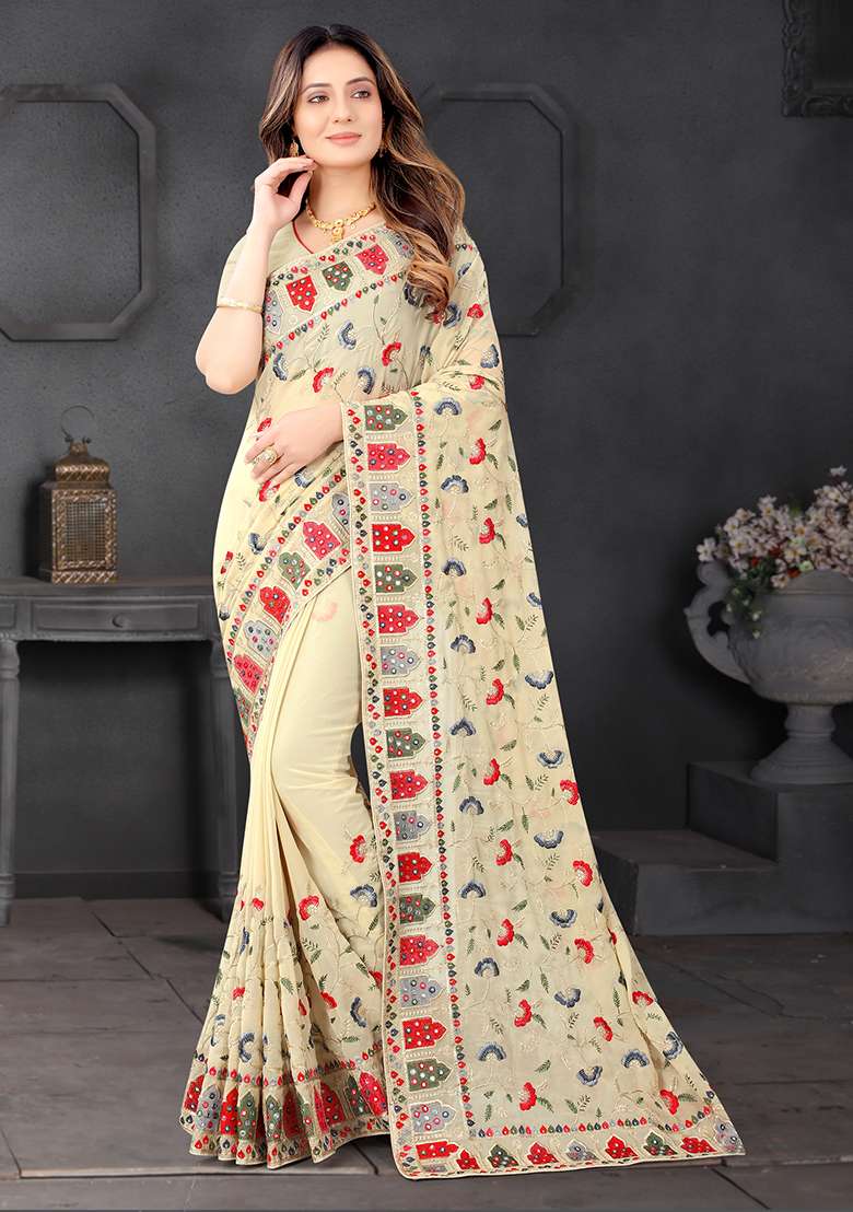 Chiku Embroidery Georgette Saree Set for Diwali and Festive Wear - Indya
