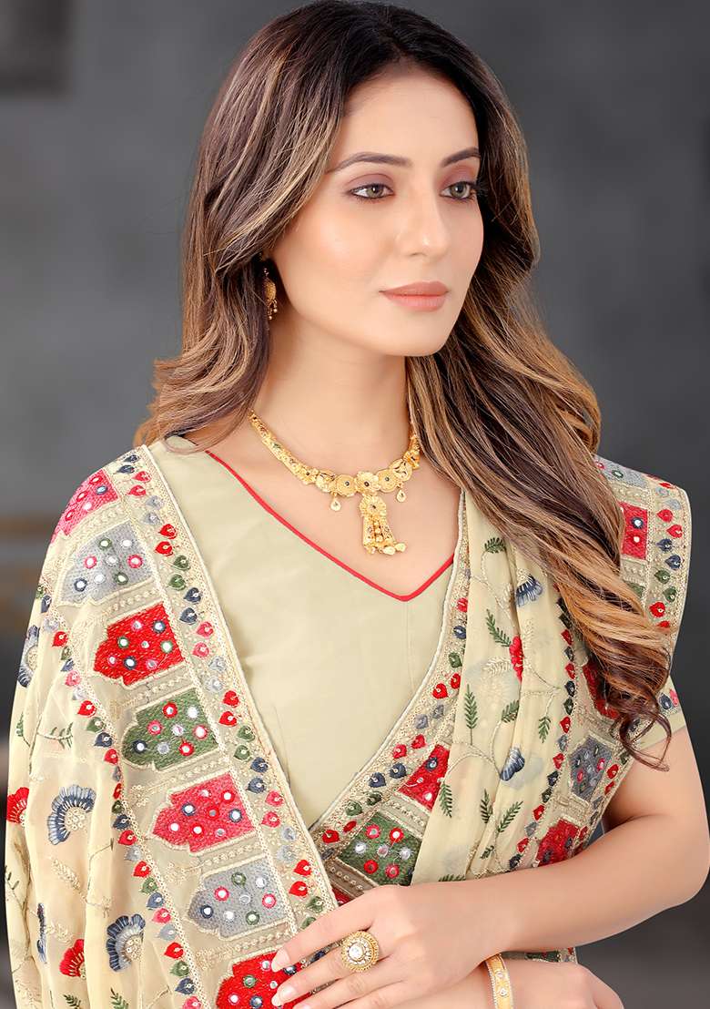 Chiku Embroidery Georgette Saree Set for Diwali and Festive Wear - Indya