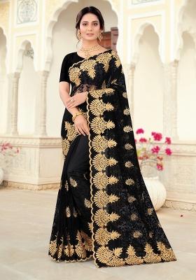 Black Embroidery Net Saree Set