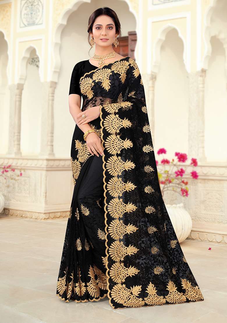 Black Embroidery Net Saree Set for Diwali and Festive Wear - Indya