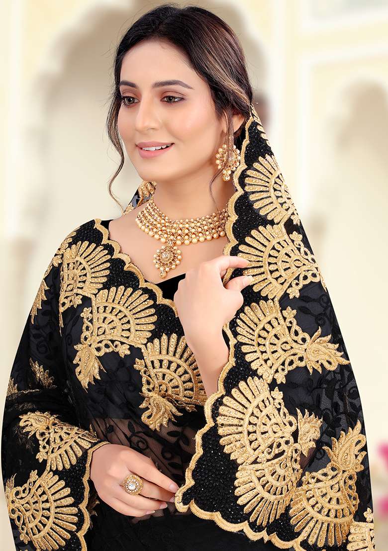Black Embroidery Net Saree Set for Diwali and Festive Wear - Indya