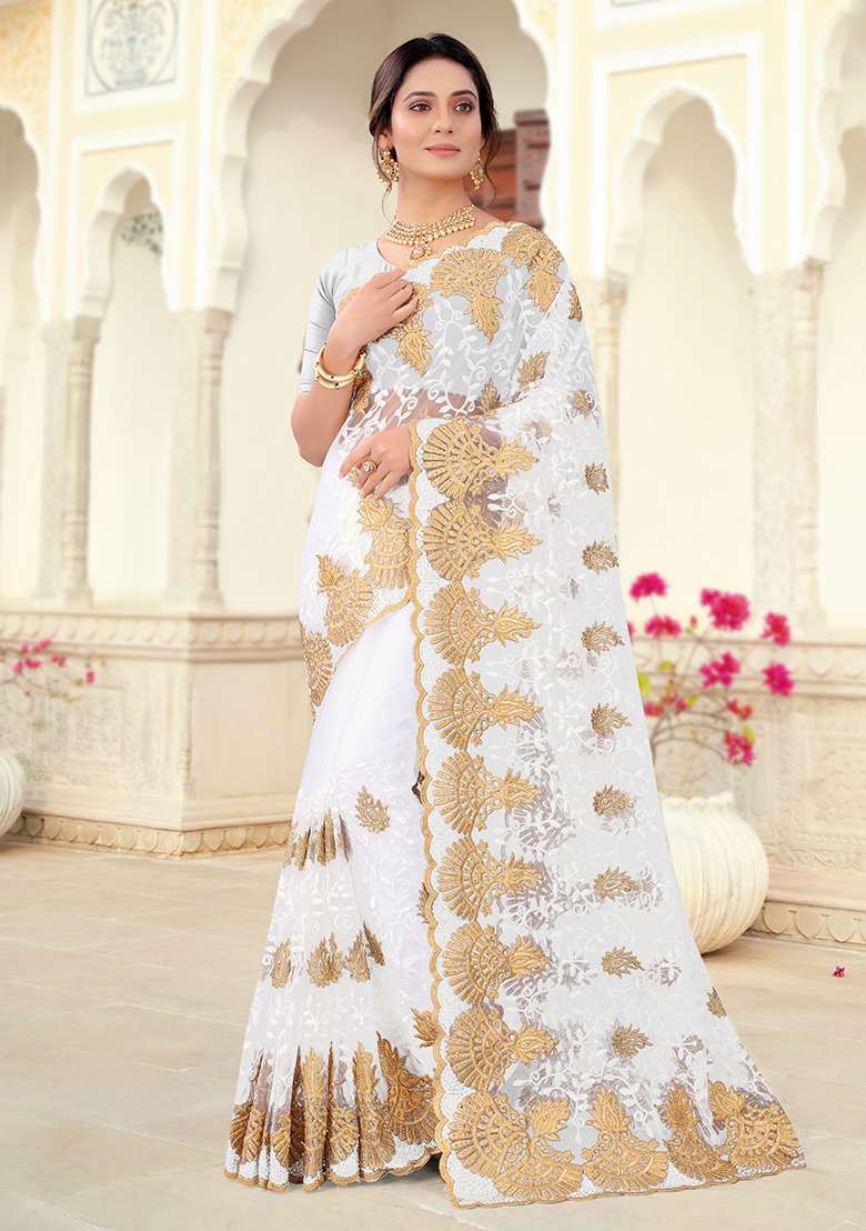 White Embroidery Net Saree Set for Diwali and Festive Wear - Indya