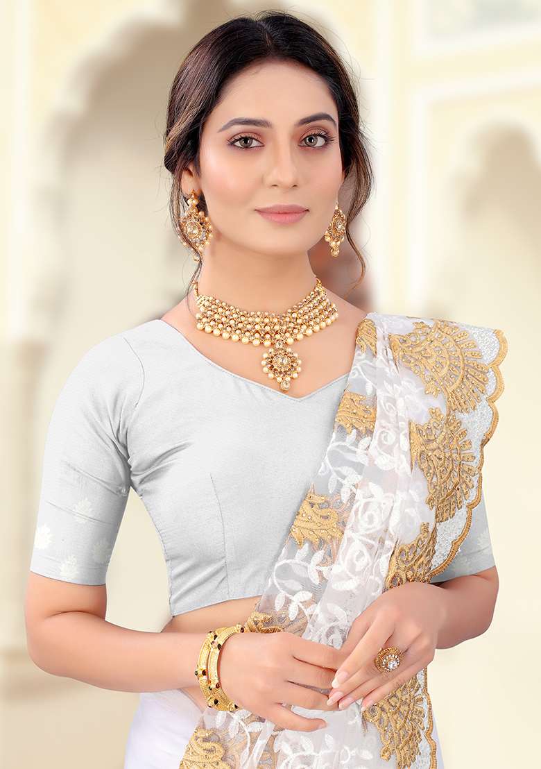White Embroidery Net Saree Set for Diwali and Festive Wear - Indya