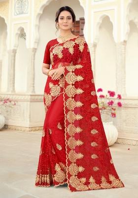 Red Embroidery Net Saree Set
