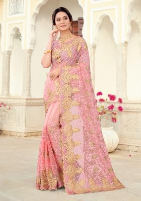 Dusty Pink Embroidery Net Saree Set