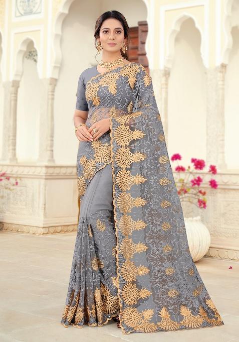 Grey Embroidery Net Saree Set