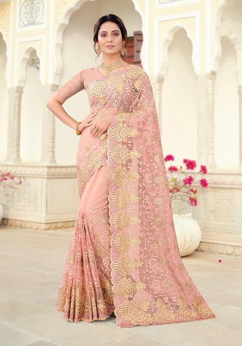 Dusty Peach Embroidery Net Saree Set