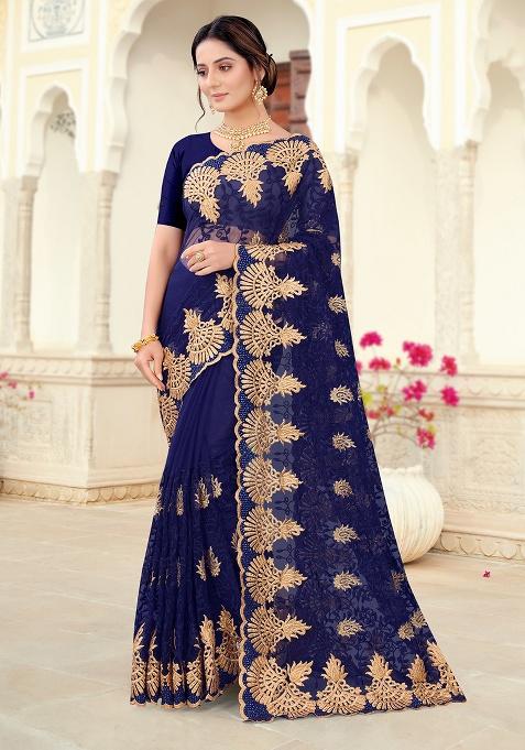 Navy Blue Embroidery Net Saree Set