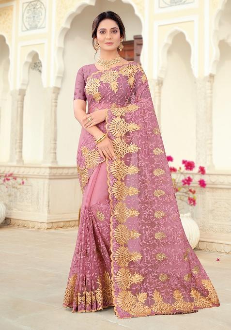 Lavender Embroidery Net Saree Set