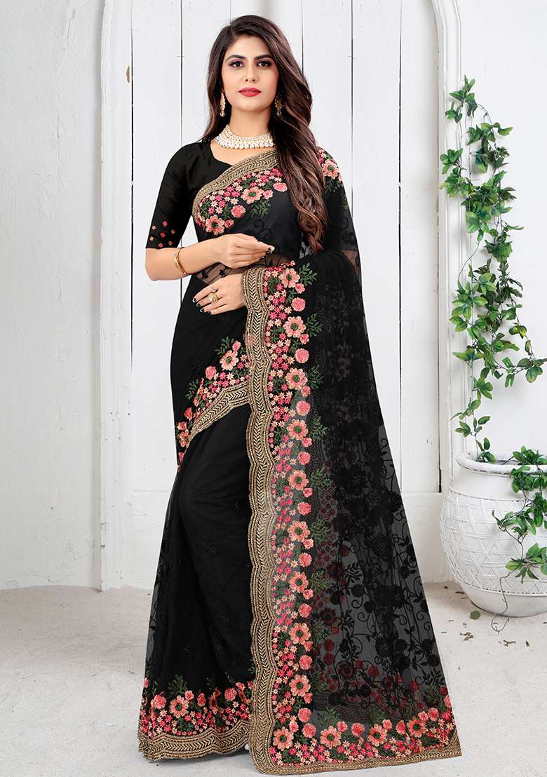 Black Net Saree Set with Embroidery for Diwali | Wedding & Festive Wear - Indya