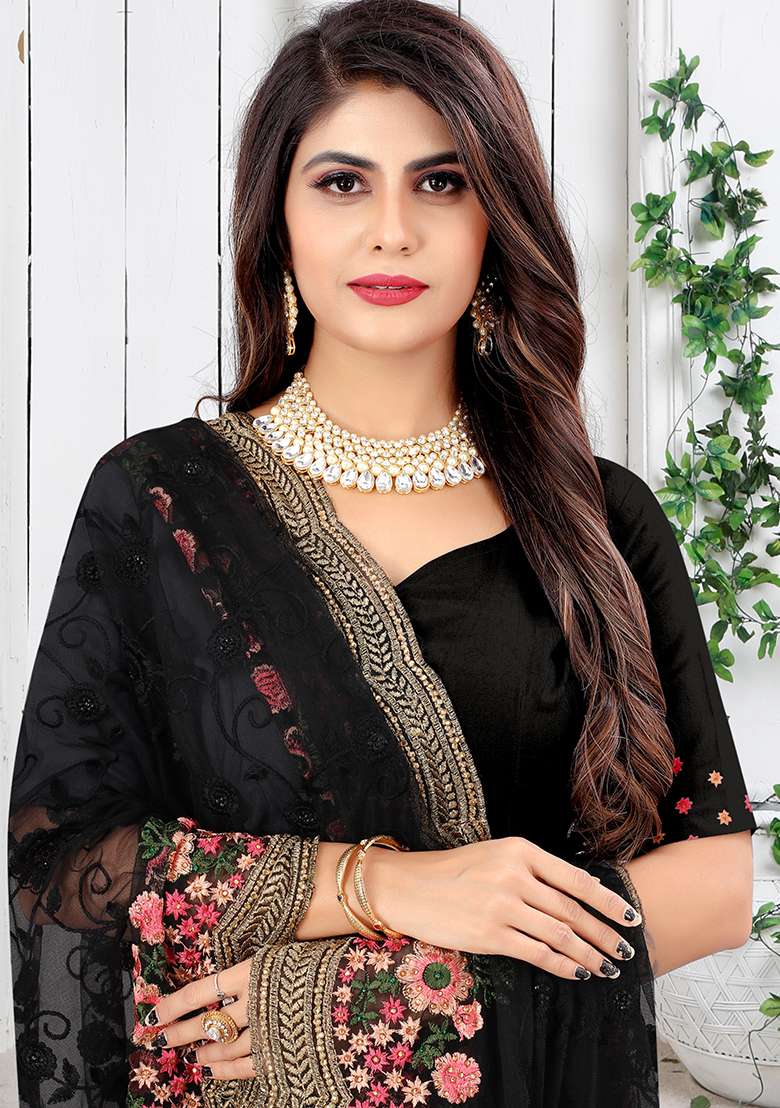 Black Net Saree Set with Embroidery for Diwali | Wedding & Festive Wear - Indya