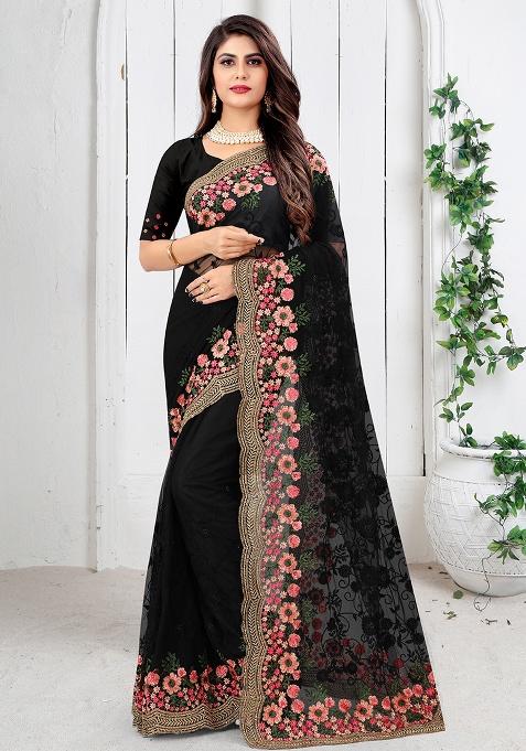 Black Embroidery Net Saree Set