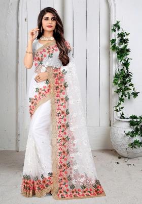 White Embroidery Net Saree Set