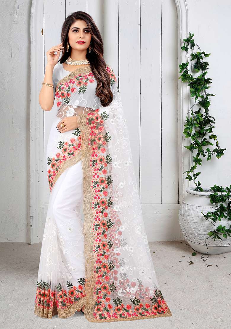 White Embroidery Net Saree Set for Diwali and Festive Wear - Indya