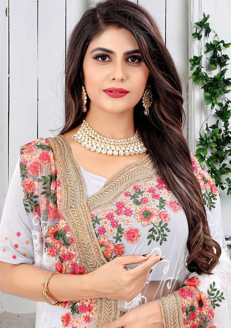 White Embroidery Net Saree Set for Diwali and Festive Wear - Indya