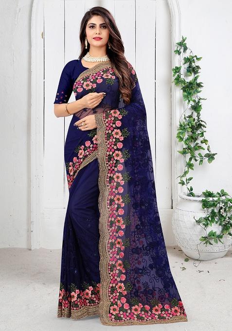 Navy Blue Embroidery Net Saree Set