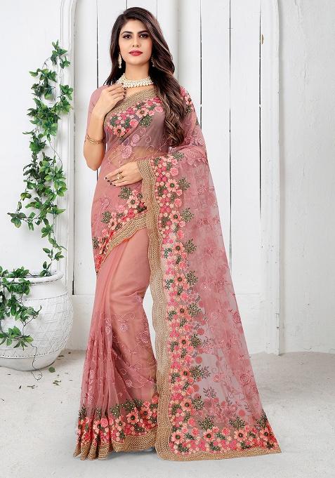 Gajari Embroidery Net Saree Set