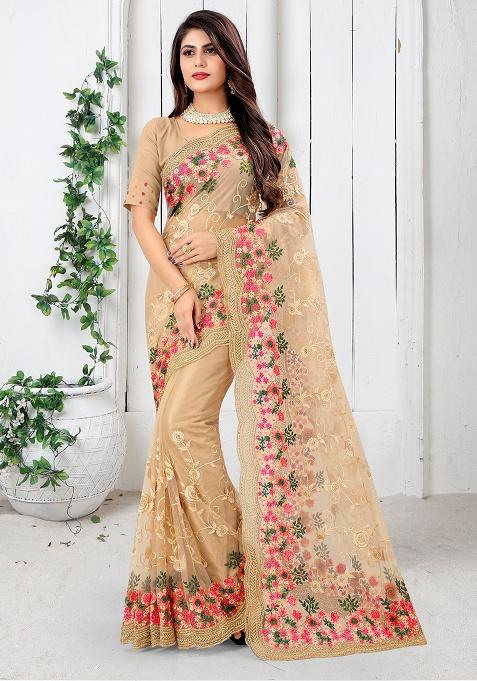 Chiku Embroidery Net Saree Set