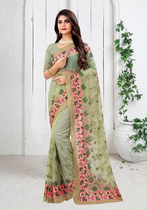 Pista Embroidery Net Saree Set