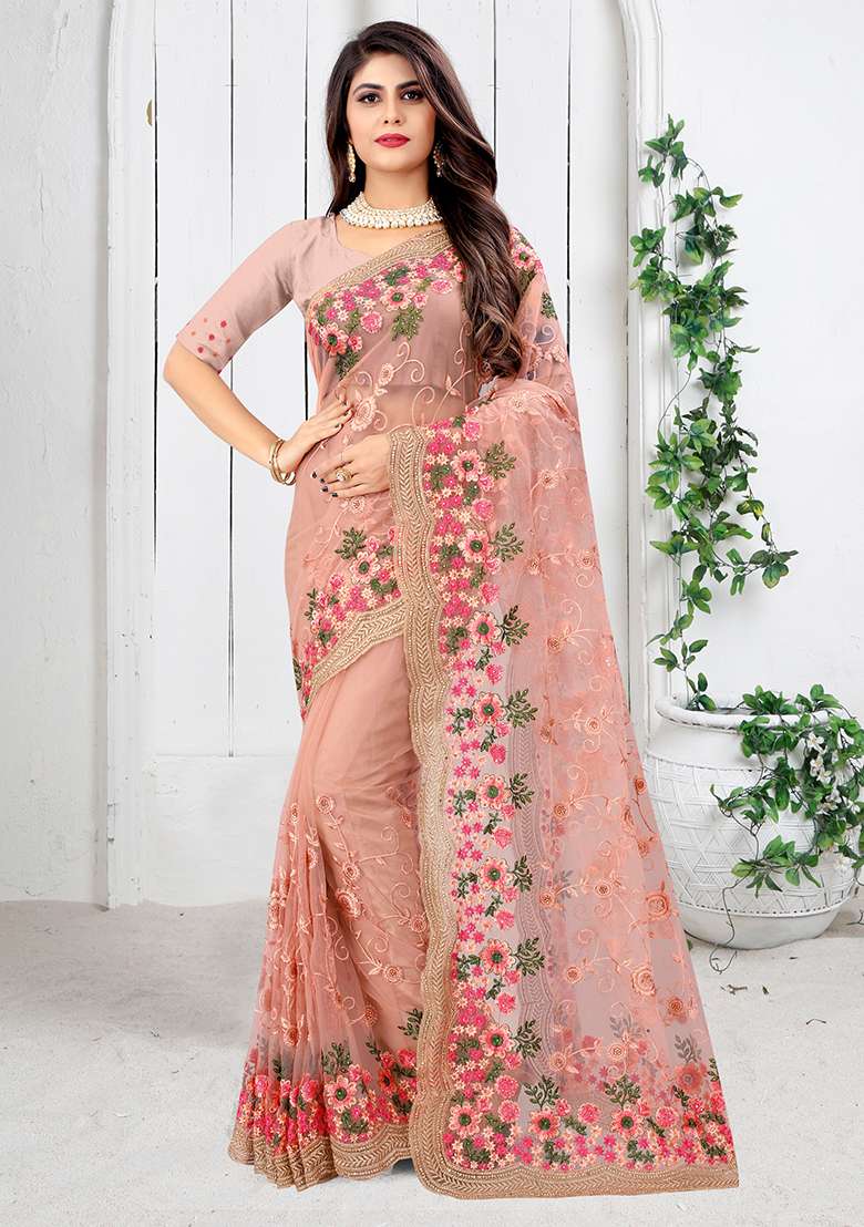 Peach Net Saree Set with Embroidery for Diwali | Wedding & Festive Wear - Indya
