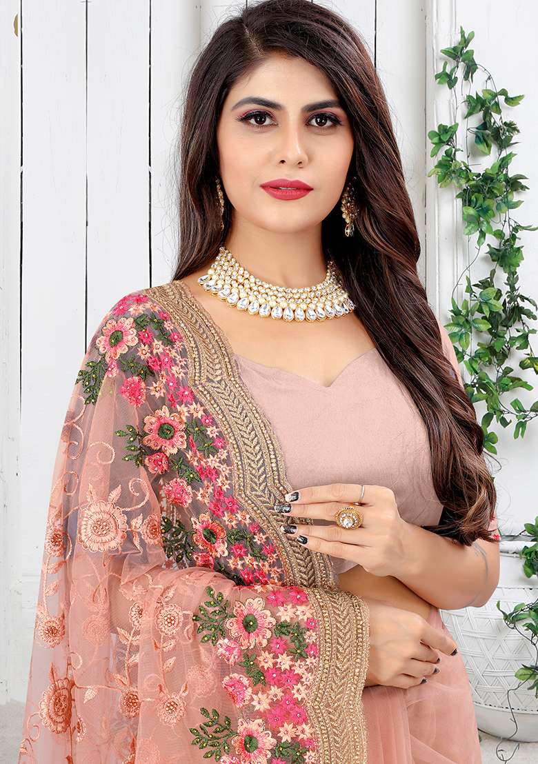 Peach Net Saree Set with Embroidery for Diwali | Wedding & Festive Wear - Indya