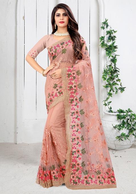 Peach Embroidery Net Saree Set