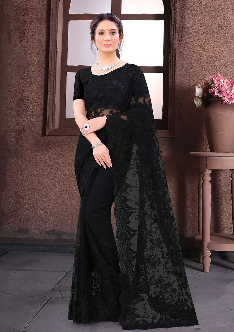 Black Embroidery Net Saree Set for Diwali and Festive Wear - Indya