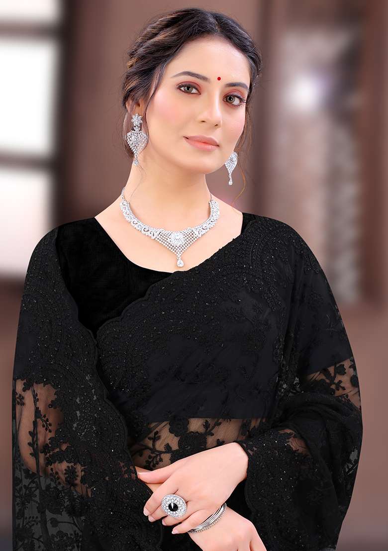 Black Embroidery Net Saree Set for Diwali and Festive Wear - Indya