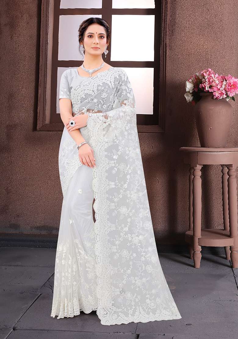 White Embroidery Net Saree Set for Diwali and Festive Wear - Indya