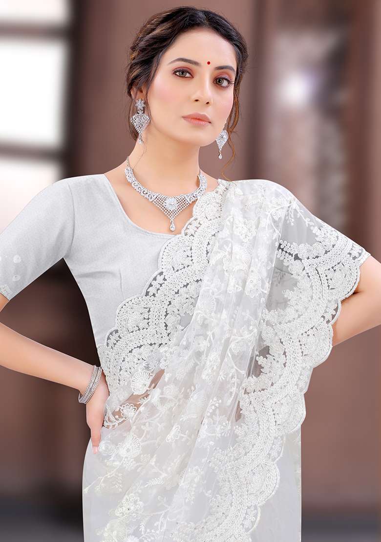 White Embroidery Net Saree Set for Diwali and Festive Wear - Indya