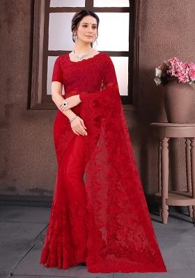 Red Embroidery Net Saree Set