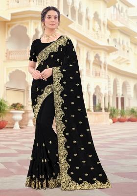 Black Embroidery Silk Saree Set