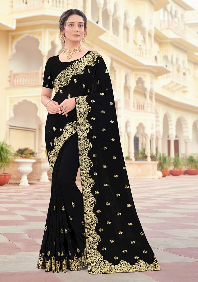 Black Silk Blend Saree Set with Embroidery for Diwali | Wedding & Festive Wear - Indya