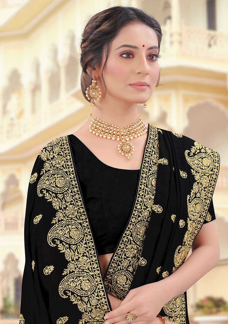 Black Silk Blend Saree Set with Embroidery for Diwali | Wedding & Festive Wear - Indya