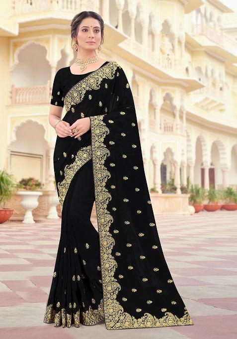 Black Embroidery Silk Saree Set