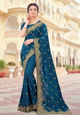 Morpeach Embroidery Silk Saree Set