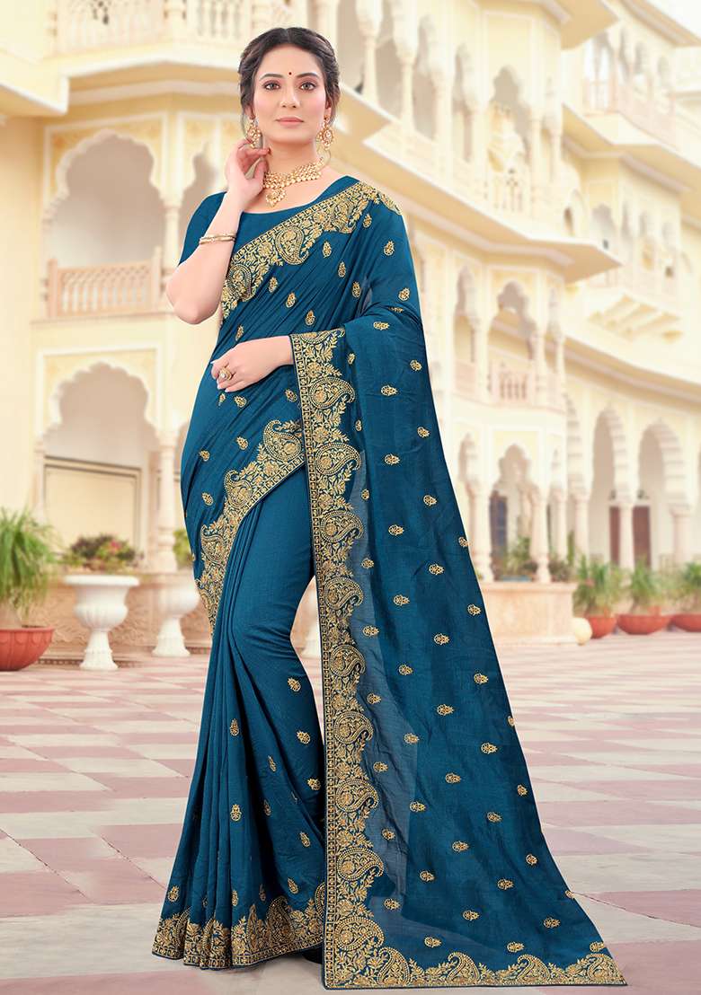 Morpeach Embroidery Silk Blend Saree Set for Diwali and Festive Wear - Indya