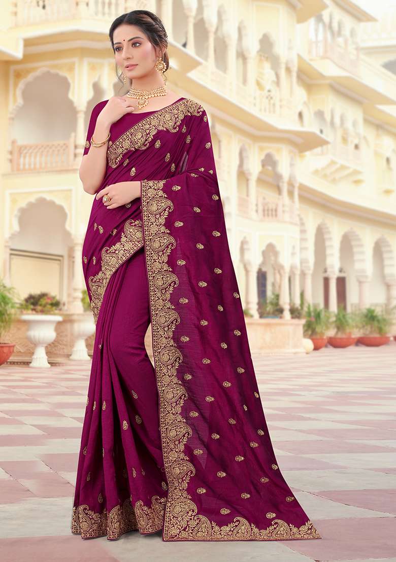 Wine Silk Blend Saree Set with Embroidery for Diwali | Wedding & Festive Wear - Indya