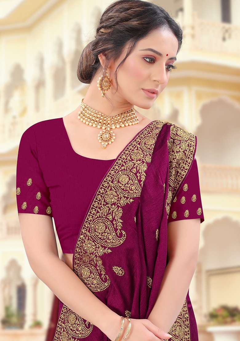 Wine Silk Blend Saree Set with Embroidery for Diwali | Wedding & Festive Wear - Indya