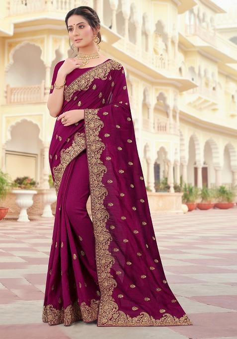 Wine Embroidery Silk Saree Set