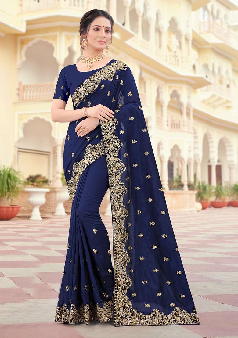 Navy Blue Silk Blend Saree Set with Embroidery for Diwali | Wedding & Festive Wear - Indya