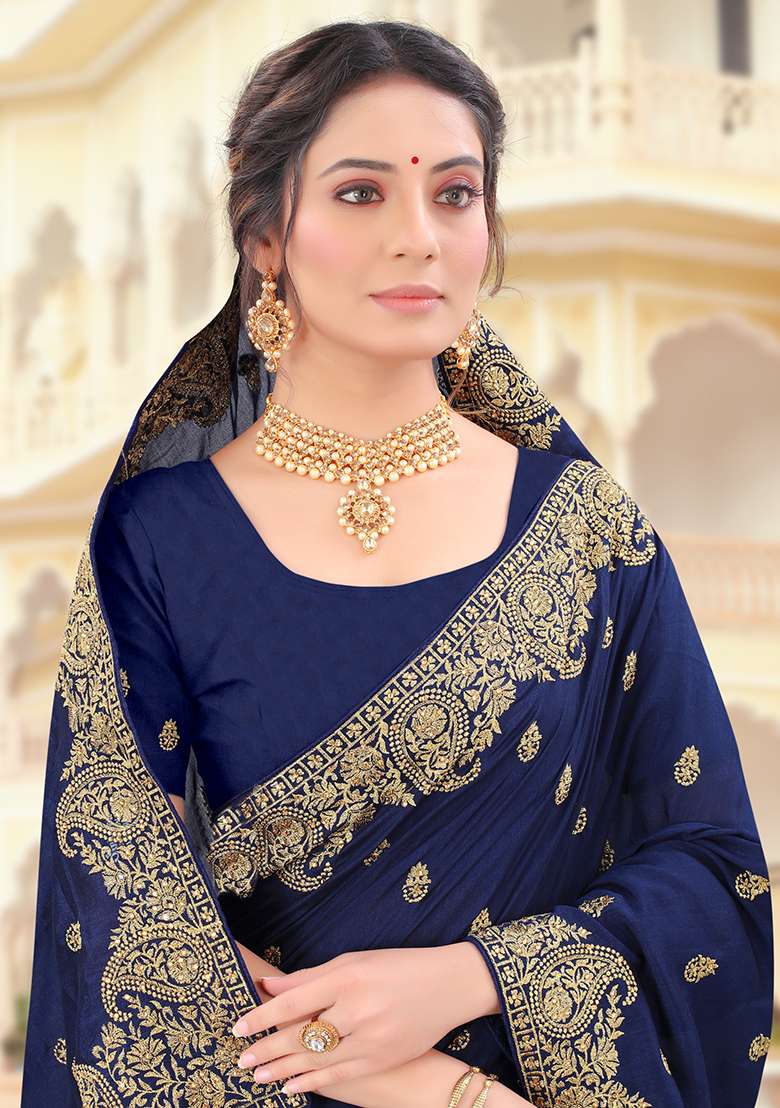 Navy Blue Silk Blend Saree Set with Embroidery for Diwali | Wedding & Festive Wear - Indya