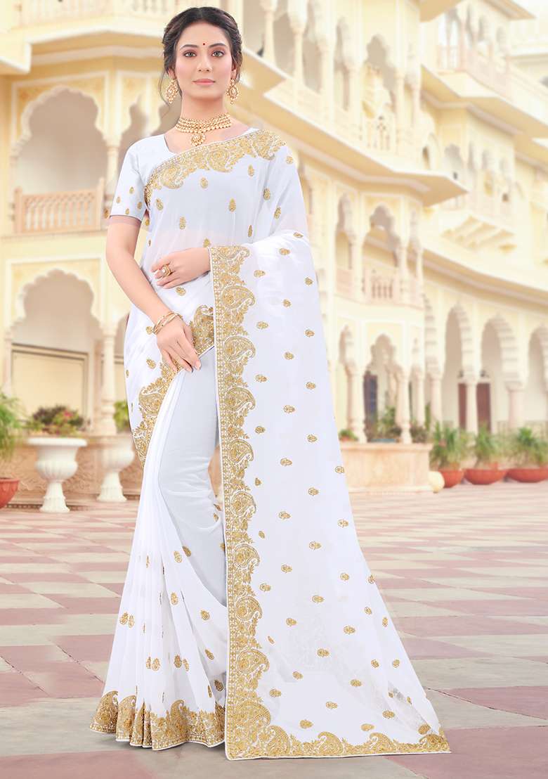 White Georgette Saree Set with Embroidery for Diwali | Wedding & Festive Wear - Indya